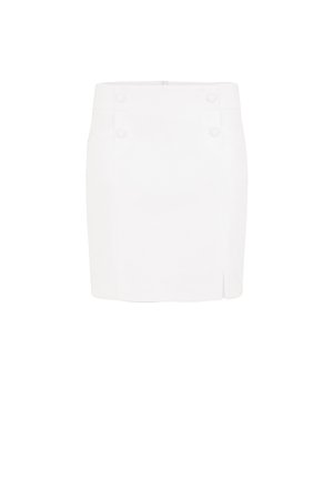 White knee-length skirt made from smooth fabric, featuring two circular buttons on the front and a side slit for ease of movement.