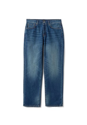 Blaue Jeans aus Denim mit geradem Bein, fünf Taschen, Knopf- und Reißverschluss sowie leichter Verfärbung an Oberschenkeln und Knien.