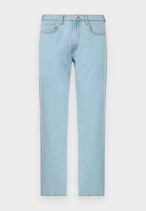 Light blue straight-leg denim jeans with front button and zipper closure, front and back pockets, displayed on white background.