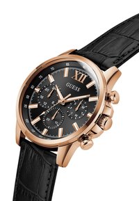 Montre chronographe noire avec un boîtier en acier inoxydable rose doré, un bracelet en cuir noir texturé et un cadran noir avec des index et sous-cadrans argentés.
