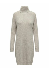 Robe pull col roulé en tricot gris clair avec de longues manches, encolure et poignets côtelés, présentant une texture douce et une coupe décontractée.