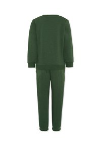 Completo felpa e pantaloni verdi realizzato in tessuto morbido, con scollo rotondo e polsini a costine, dal design semplice senza motivi.