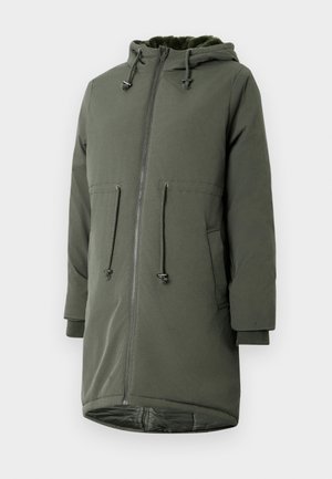 Olive green parka jacket with a hood, zip closure, and front pockets. Made from smooth, water-resistant fabric, featuring a soft lining.