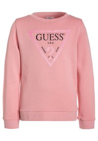 Sudadera rosa con mangas largas, puños acanalados y cuello redondo. Presenta un gran gráfico triangular en negro y rosa con texto.