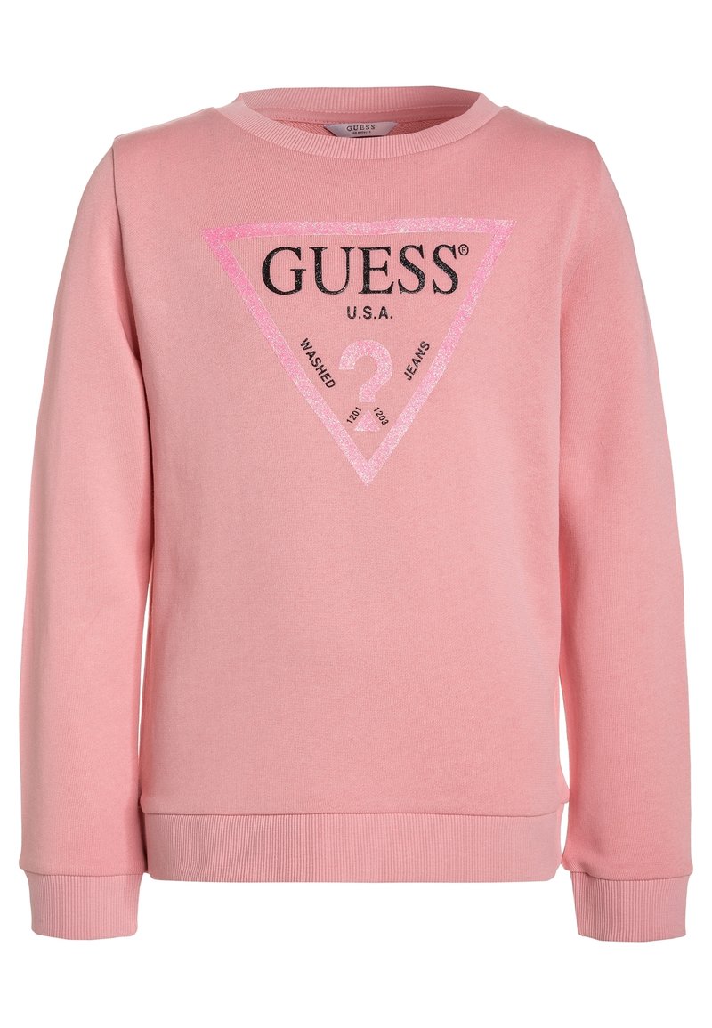 Sudadera rosa con mangas largas, puños acanalados y cuello redondo. Presenta un gran gráfico triangular en negro y rosa con texto.