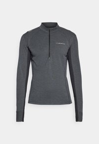 Long-sleeve pullover in dark gray, featuring a zippered collar, raglan sleeves, and contrasting black side panels with a textured fabric.