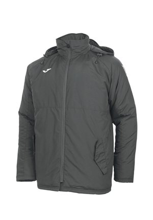 Schwarze wattierte Jacke mit hohem Kragen, Frontreißverschluss, zwei Fronttaschen und verstellbaren Kordeln an der Kapuze.