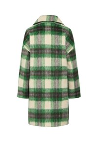 Plaid coat featuring green, gray, and cream colors. Made of soft fabric, with a classic collar and wide sleeves. Mid-length design.