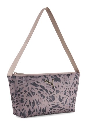 Bolso pequeño de hombro con estampado abstracto de animales en gris y negro, correa beige y logo dorado de Puma en el frente con cierre superior de cremallera.
