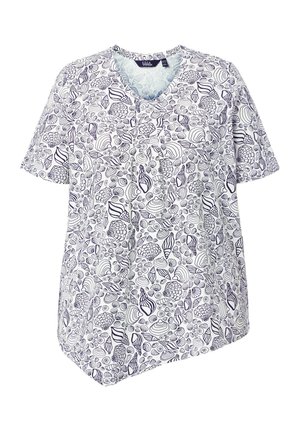 Valkoinen lyhythihainen pusero, jossa sininen merikotivalkokuviolla, V-pääntiellä ja laskostettu etuosan yksityiskohta.