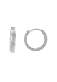 Orecchino circolare in argento con una texture spazzolata, caratterizzato da un'apertura a fessura. La vista laterale mostra un bordo piatto e liscio.