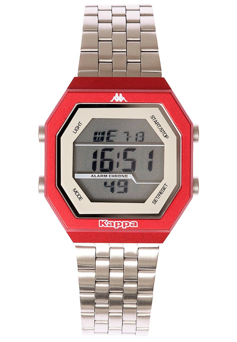Röd digital klocka med oktagonal klocka, länkbandsarmband i rostfritt stål, LCD-display som visar tid och dag, med knappar för alarm och inställningar.