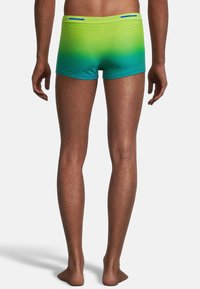 Groene naar blauwe gradient zwemshorts met een gestructureerde stof. Kenmerkt een lage taille, elastische tailleband en kleine zakken op de achterkant.