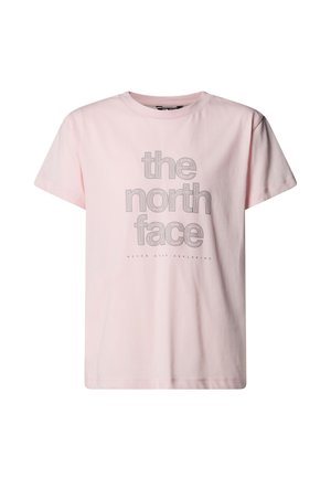 Rožinė medvilninė marškinėliai su „the north face“ logotipu storu pilku tekstu, su apvalia apykakle ir trumpomis rankovėmis. Švelnios tekstūros ir laisvo stiliaus.