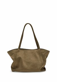 Tote bag van olijfgroene suede met een ruime, zachte uitstraling. Voorzien van twee lange handvatten en een brede, open bovenkant zonder sluitingen.
