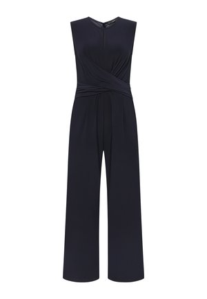 Combinaison noire sans manches avec jambes larges, encolure ronde et un détail en tissu torsadé à la taille.