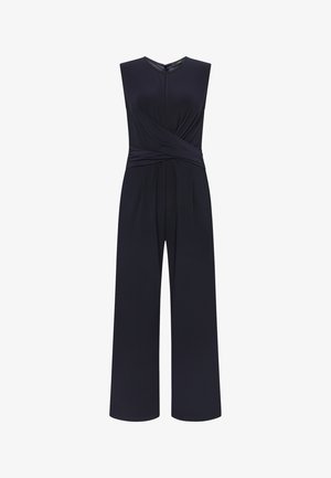 Tuta nera senza maniche con gambe larghe, scollo rotondo e dettaglio di tessuto arricciato in vita.