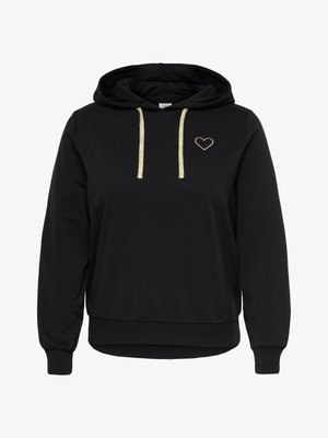 Svart hoodie med guldfärgade snören och en liten guldfärgad hjärtdesign på vänster bröst, med ribbade muddar och fåll.