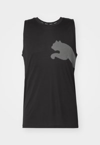 Débardeur de sport noir en tissu lisse, avec un motif en mesh représentant un animal sautant sur le devant dans une teinte plus claire.