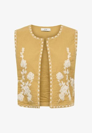 Gelbes ärmelloses Oberteil mit weißen Blumenstickereien. Hat einen Rundhalsausschnitt und gewellte Kanten. Hergestellt aus strukturiertem Baumwollstoff.