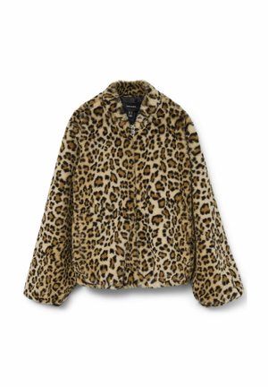 Jakke i leopardprint lavet af kunststofpels med rund krave, lynlåslukning og brede ærmer. Den har en blød, tekstureret overflade og mørkebrune detaljer.