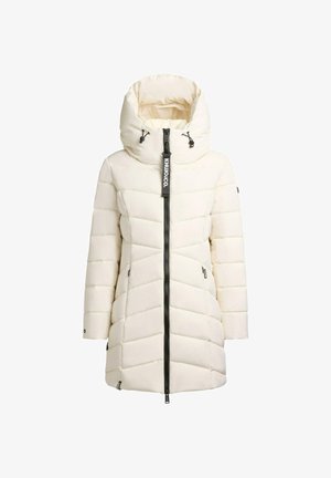 Puffermantel in cremefarbener Ausführung mit gestepptem Design, hohem Kragen und zwei seitlichen Reißverschlusstaschen. Verfügt über einen zentralen Reißverschluss und eine Kapuze.