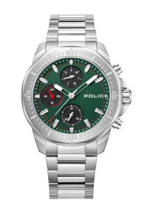 Reloj de acero inoxidable plateado con esfera verde, que presenta tres subesferas, acentos plateados y rojos, y una pulsera de eslabones pulidos.