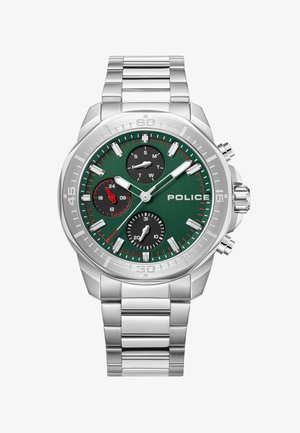 Sidabrinis nerūdijančio plieno laikrodis su žaliu ciferblatu, turintis tris subciferblatus, sidabrinius ir raudonus akcentus bei poliruotą grandinėlę.