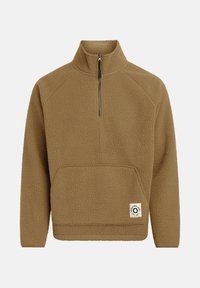 Pull en polaire marron avec un col zippé à mi-hauteur, des manches raglan et une poche avant avec un écusson logo en bas à gauche. Texture douce.