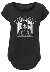 Svart t-skjorte med kort erm som har et hvitt grafisk design av et skjeletthode og en hettekledd figur, med teksten "Belle Reve" og "’Til Death Do Us Part".