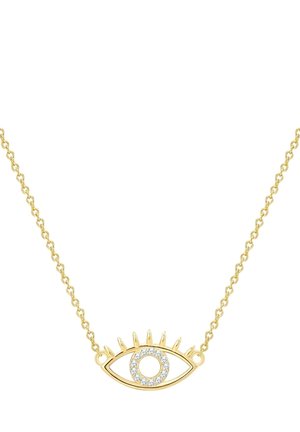 Collana d'oro con pendente a forma di occhio e un ritaglio circolare, decorata con piccole cristalli. Il design a catena collegata migliora l'attrattiva visiva complessiva.