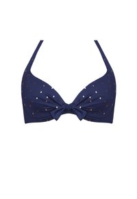 Granatowy biustonosz bikini z kokardą na środku, ozdobiony metalicznymi różowo-złotymi kropkami. Gładki, lekki materiał, w kształcie trójkąta.
