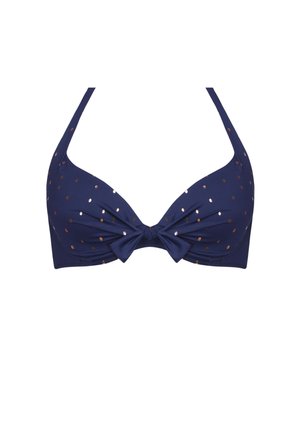 Granatowy biustonosz bikini z kokardą na środku, ozdobiony metalicznymi różowo-złotymi kropkami. Gładki, lekki materiał, w kształcie trójkąta.