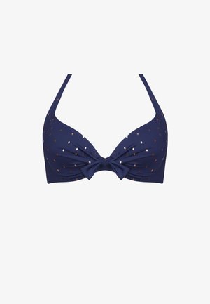 Granatowy biustonosz bikini z kokardą na środku, ozdobiony metalicznymi różowo-złotymi kropkami. Gładki, lekki materiał, w kształcie trójkąta.