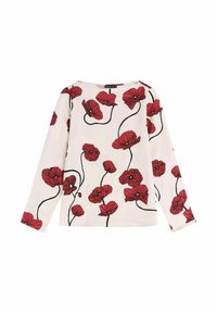 Valkoinen pitkähihainen paita, jossa on punainen kukkakuosi mustilla varsilla. Valmistettu kevyestä kankaasta, jossa on pyöreä kaula-aukko ja suora leikkaus.