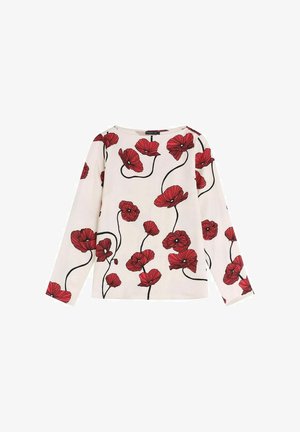 Vit långärmad skorta med ett rödblommigt mönster och svarta stjälkar. Tillverkad av lätt material med rund halsringning och rak passform.