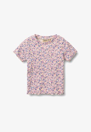 Kurzärmeliges, geripptes Strickshirt mit kleinem Blumenmuster in Rosa, Blau und Orange sowie gezackten Kanten an Ärmeln und Saum.