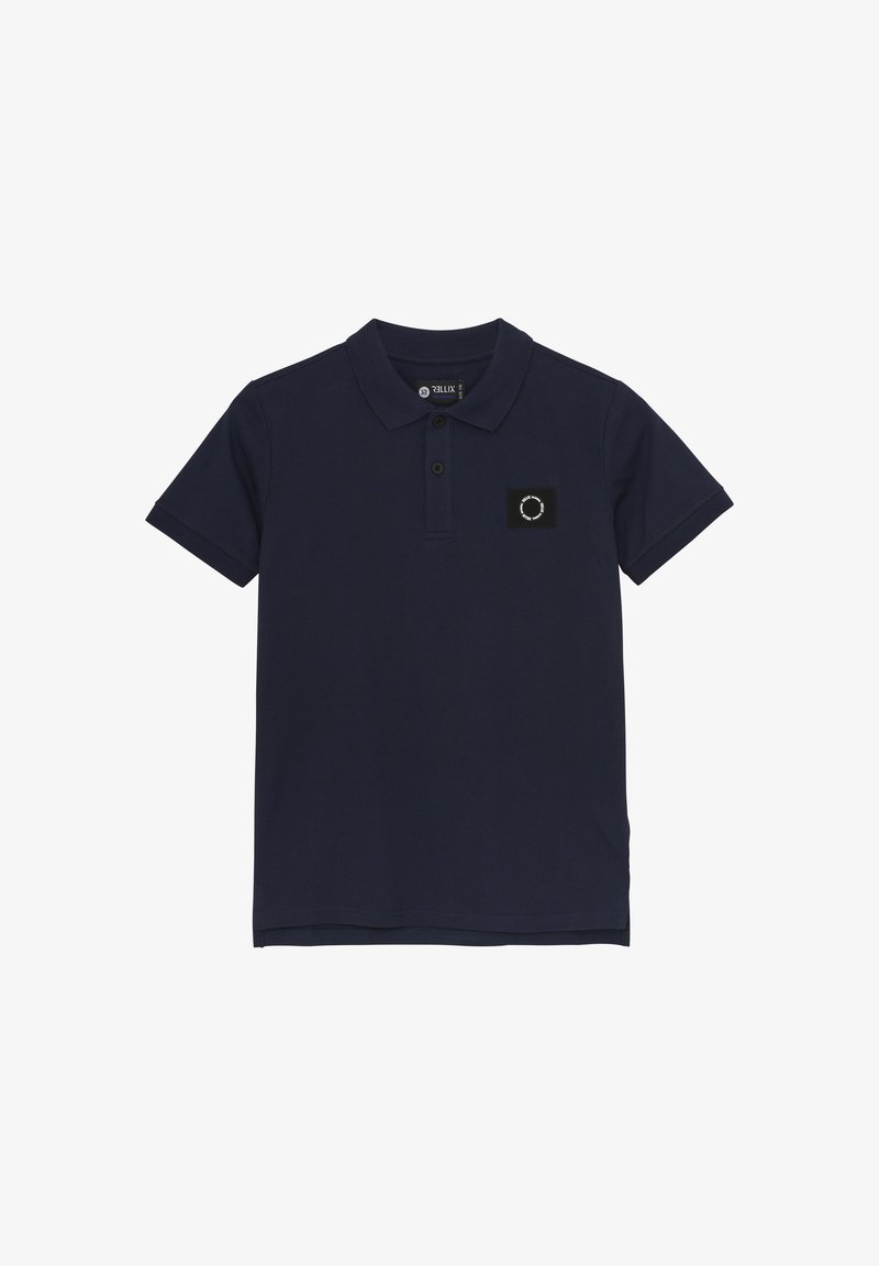 Navyblauwe poloshirt van katoen, met een kraag, drie-knopens sluiting en een zwarte patch met een cirkelontwerp op de borst.