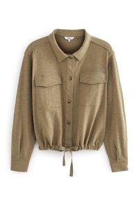 Chemise en mélange de coton vert olive avec col, manches longues, deux poches poitrine, fermeture à boutons et ourlet froncé avec lien ajustable.
