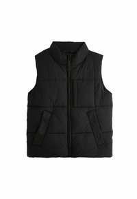 Gilet imbottito nero con colletto alto, zip frontale e due tasche laterali. Presenta una tasca sul petto rettangolare e chiusure a bottone.