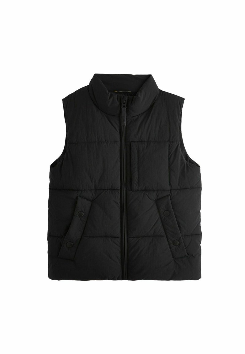 Gilet imbottito nero con colletto alto, zip frontale e due tasche laterali. Presenta una tasca sul petto rettangolare e chiusure a bottone.