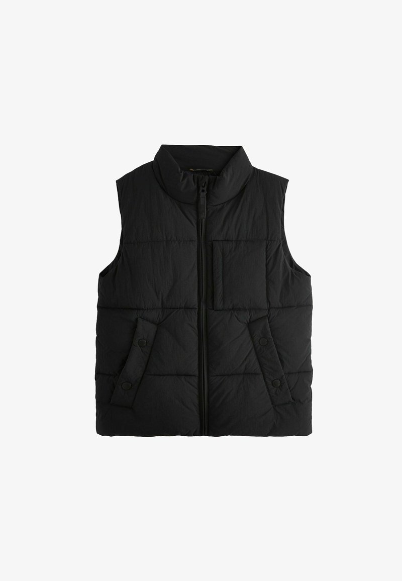 Gilet rembourré noir avec col haut, fermeture éclair à l'avant et deux poches latérales. Il dispose d'une poche poitrine rectangulaire et de fermetures à bouton.