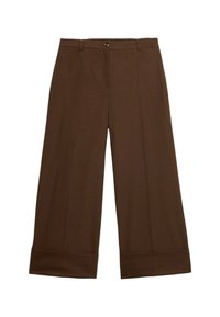 Bruine geruite wijde broek met een zachte textuur, voorzien van een voor sluiten knoop en subtiele zoomdetails.
