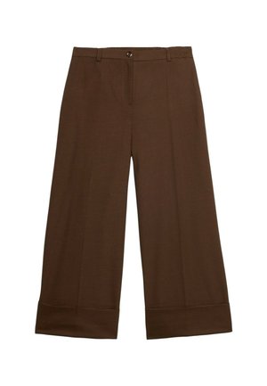 Bruine geruite wijde broek met een zachte textuur, voorzien van een voor sluiten knoop en subtiele zoomdetails.