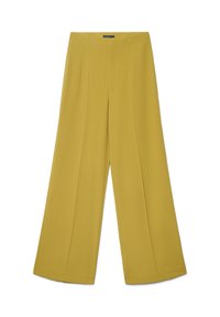 Hose mit weitem Bein aus senfgelbem Stoff, mit glatter Textur, flacher Vorderseite und präzisen Falten für ein strukturiertes Design.