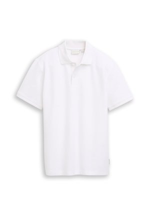 Polo blanc à manches courtes avec col et patte boutonnée, présenté sur un fond blanc uni.