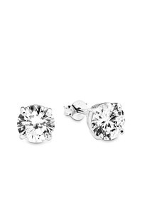 Runda studsögon som har klara kristaller, inställda i polerat silverfärgat metall, med fyrklorinställningar och säker postback.