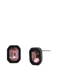 Black-framed stud earrings featuring rectangular pink gemstones with faceted surfaces, showcasing a sleek design.