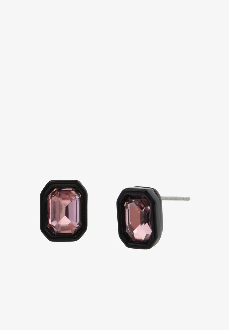 Black-framed stud earrings featuring rectangular pink gemstones with faceted surfaces, showcasing a sleek design.