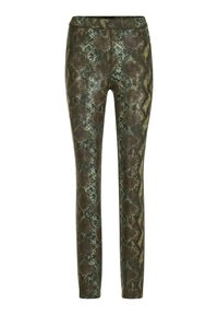 Slim-Fit-Hosen mit grünem und braunem Schlangenhautmuster und elastischem Bund.
